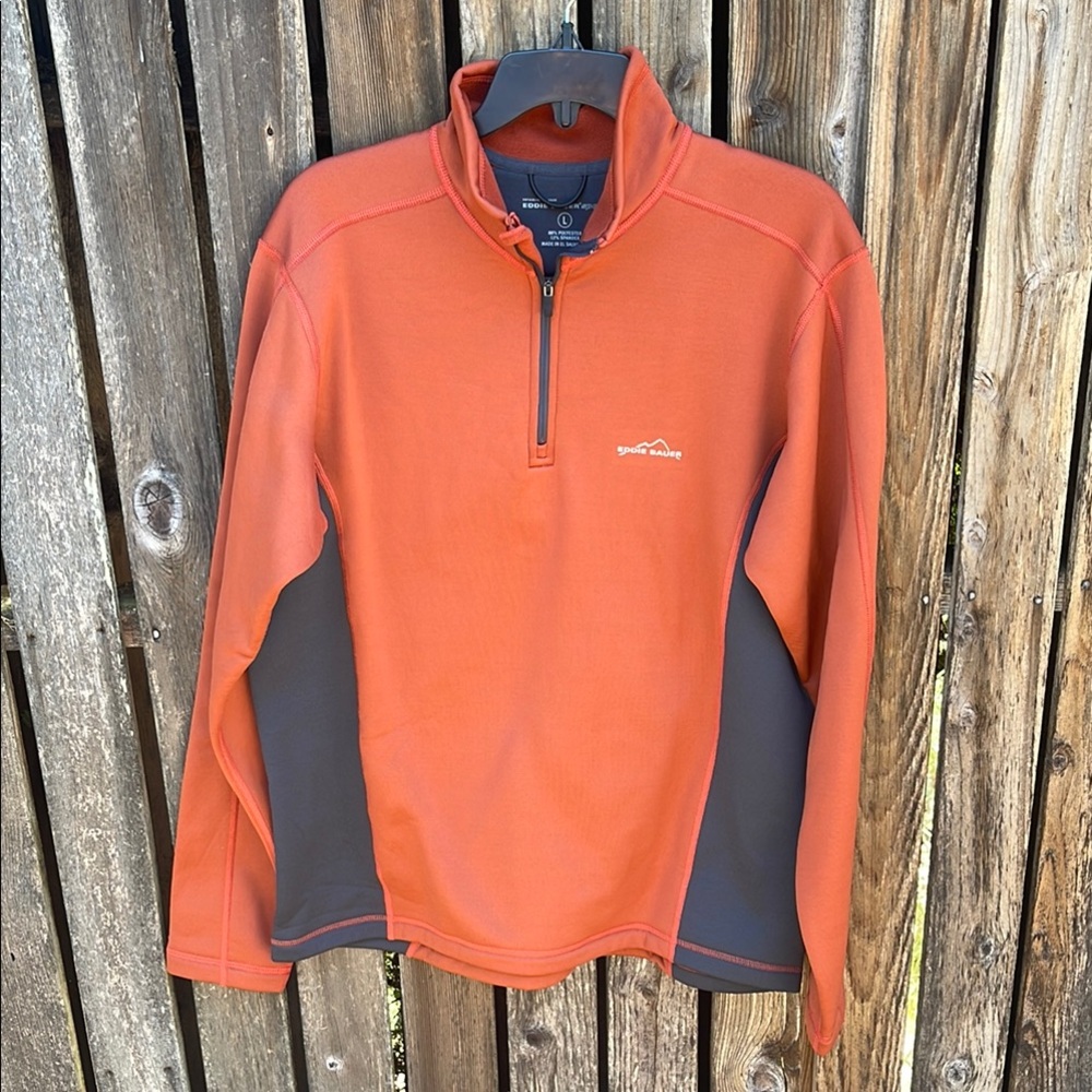 Eddie Bauer Mens Large Polartec Orange Gray Lightweight Quarter Zip Pullover L